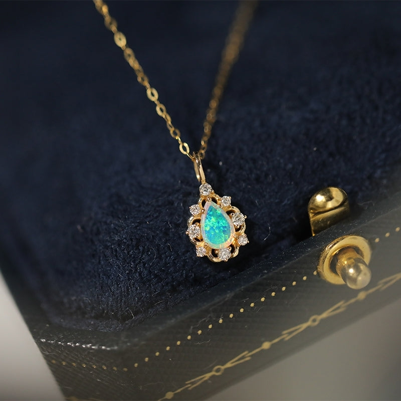18K Solid Gold Necklace with 6 diamonds and genuine Australian Opal Gemstone Pendant Necklace
