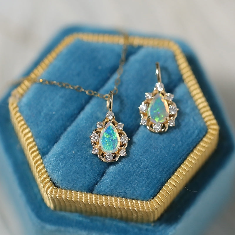 18K Solid Gold Necklace with 6 diamonds and genuine Australian Opal Gemstone Pendant Necklace