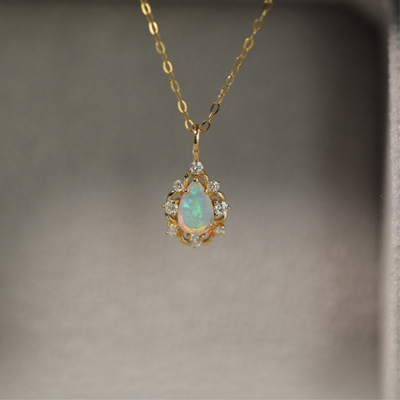 18K Solid Gold Necklace with 6 diamonds and genuine Australian Opal Gemstone Pendant Necklace