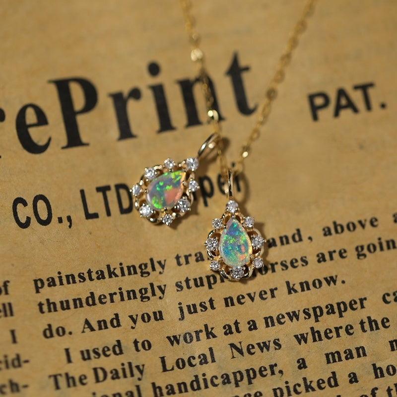 18K Solid Gold Necklace with 6 diamonds and genuine Australian Opal Gemstone Pendant Necklace