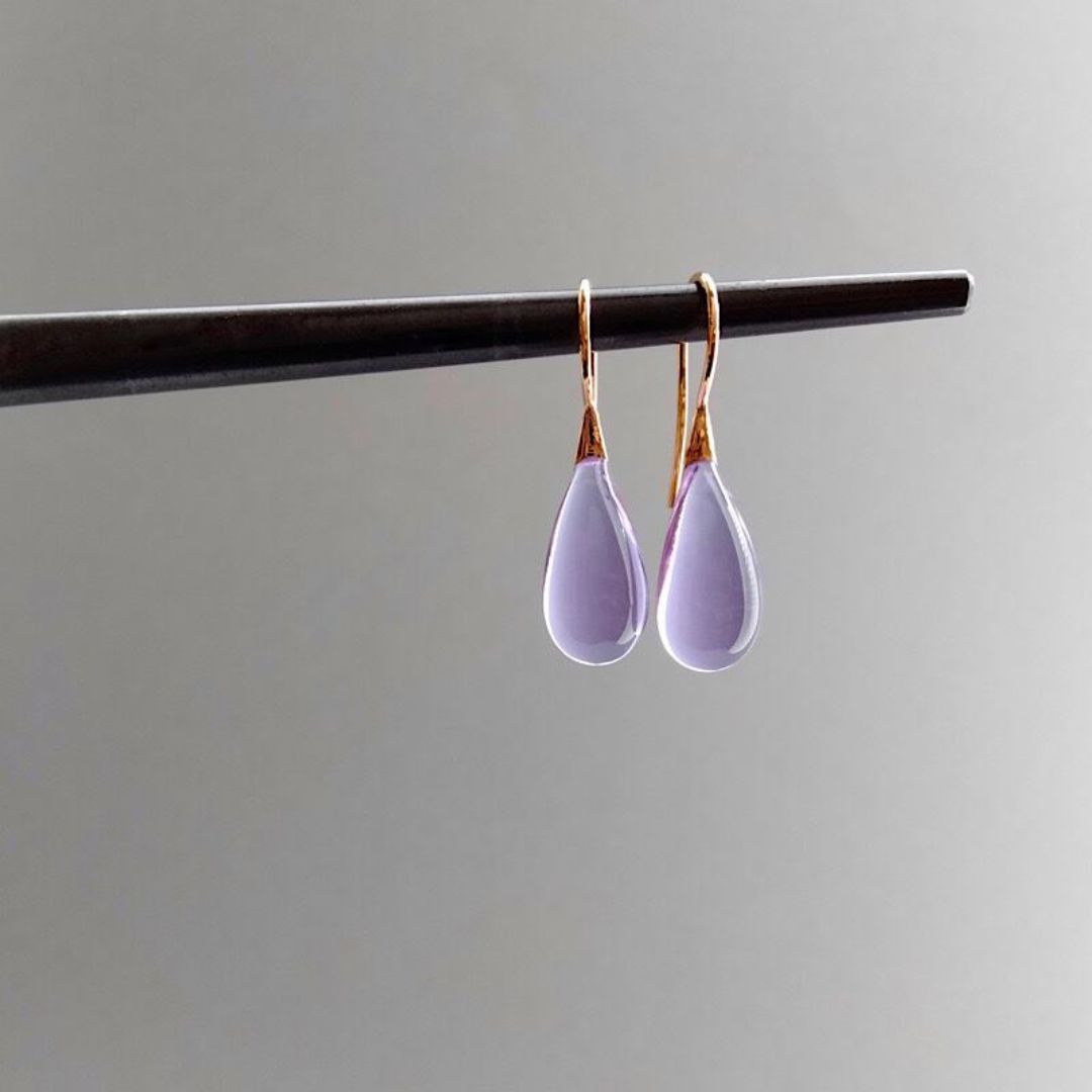 Hand made Glass Teardrop 23K Gold Vermeil Earrings Lilac