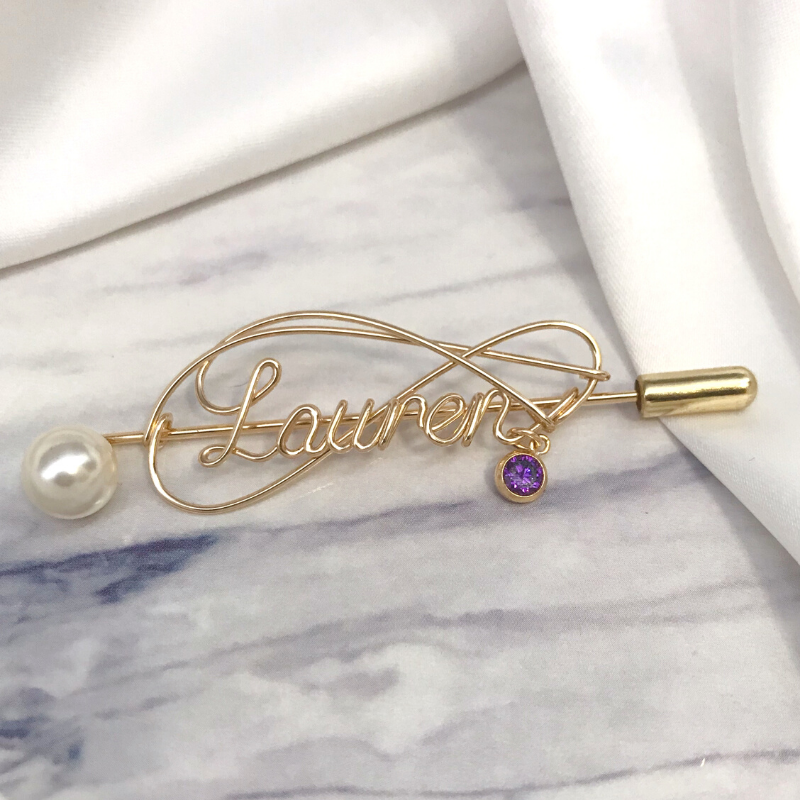 Personalized Wire Name Brooch With Birthstone - Lollimix 