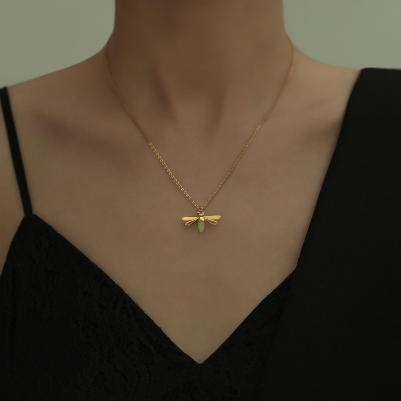 Lollimix Jewelry Collection - Glow in the dark firefly necklace made with 925 sterling silver and natural fluorite gemstone.