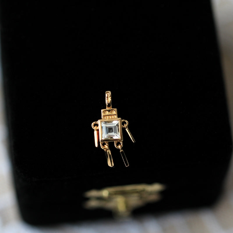 Gold Robot Charm Necklace with Genuine White Topaz Gemstone