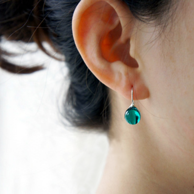 Japan Designer brand Knap handmade jewelry handcrafted glass stud earrings Emerald Green