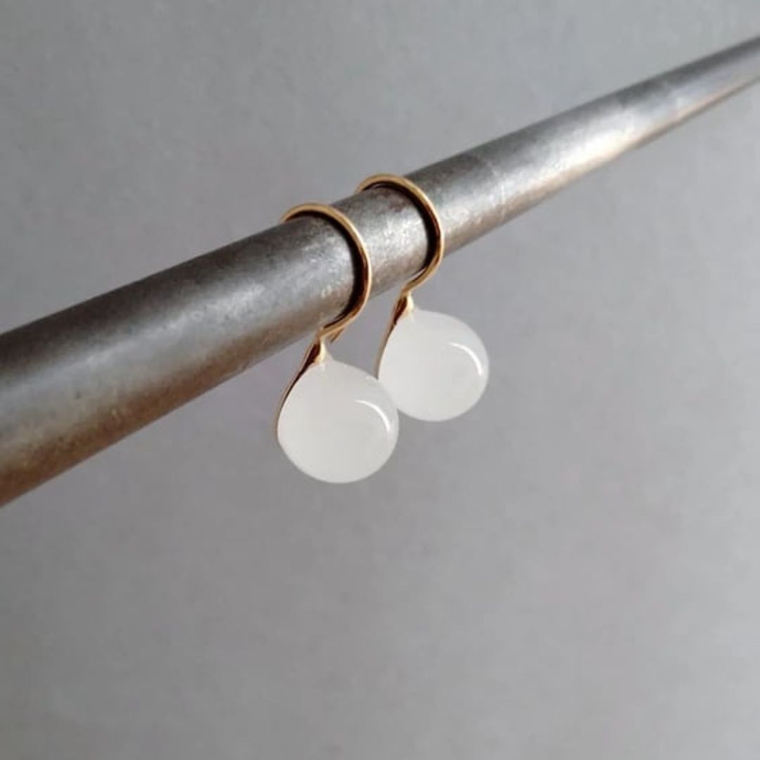 Japanese Artist Handcrafted Round Glass Drop Earrings in White made with 23K gold vermeil