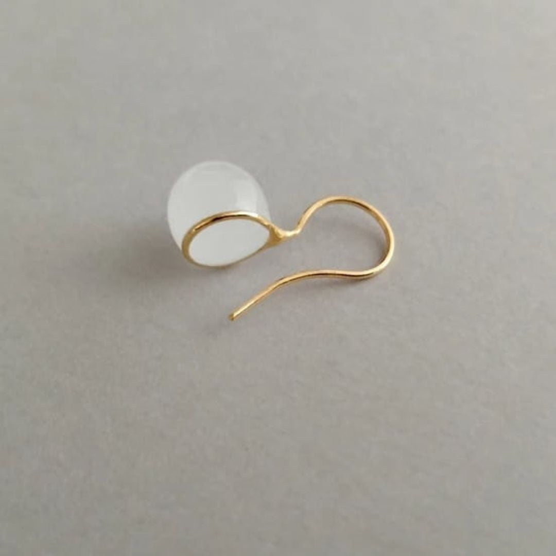Japanese Artist Handcrafted Round Glass Drop Earrings in White made with 23K gold vermeil