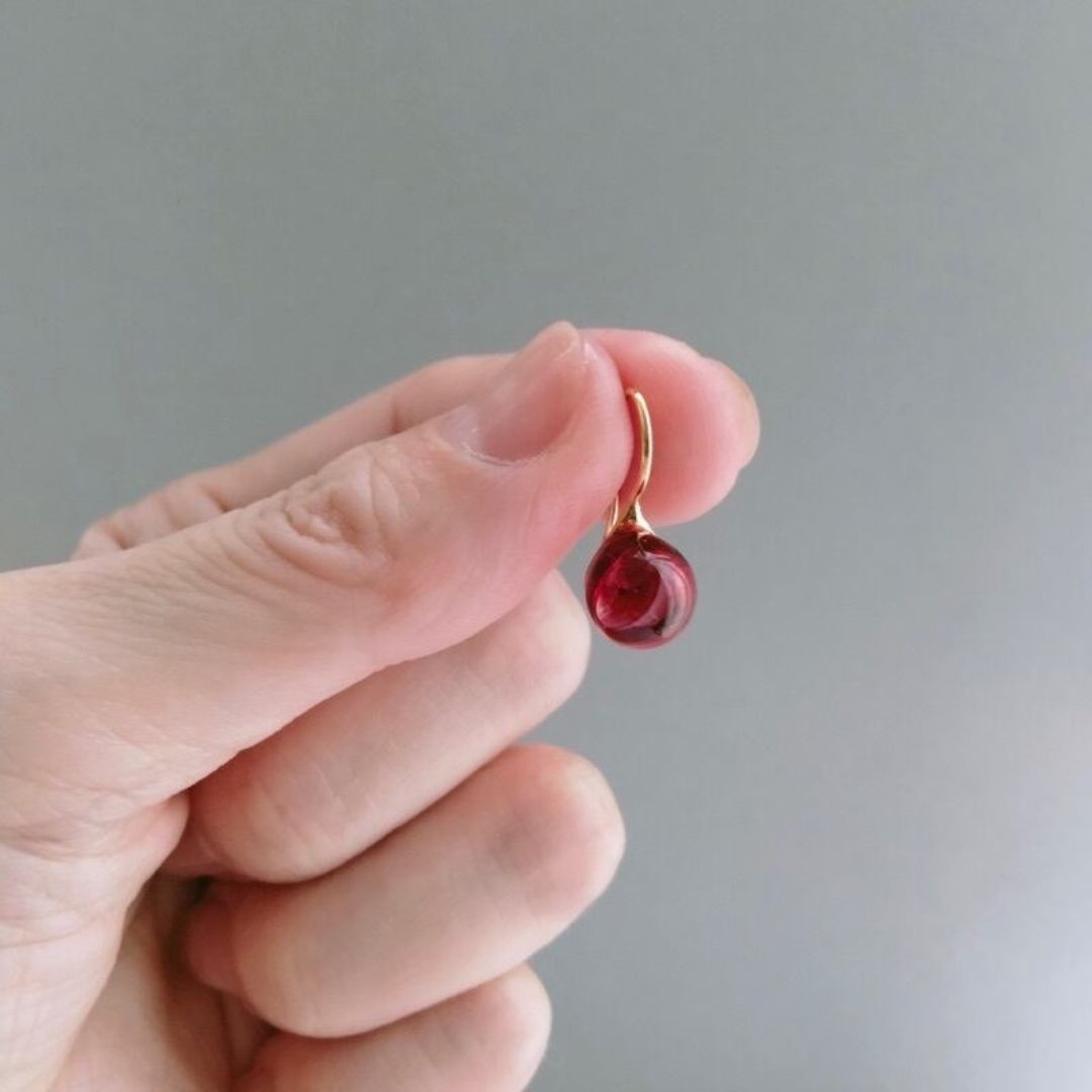 Japanese Artist Handcrafted Round Glass Drop Earrings in Marble Red