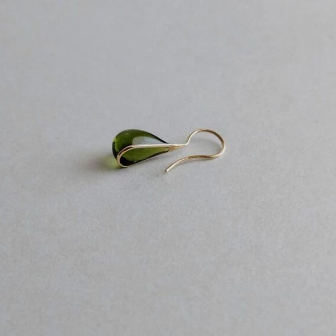 Japan Designer brand Knap handmade jewelry handcrafted teardrop glass stud earrings olive green.