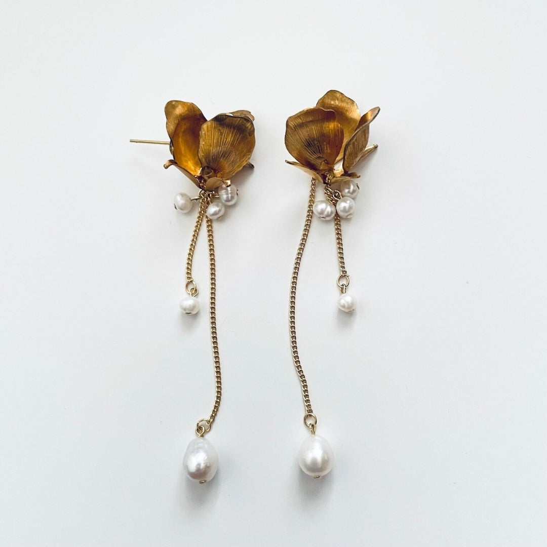 vintage floral gold plated pearl drop earrings with long dangle chain by Lollimix