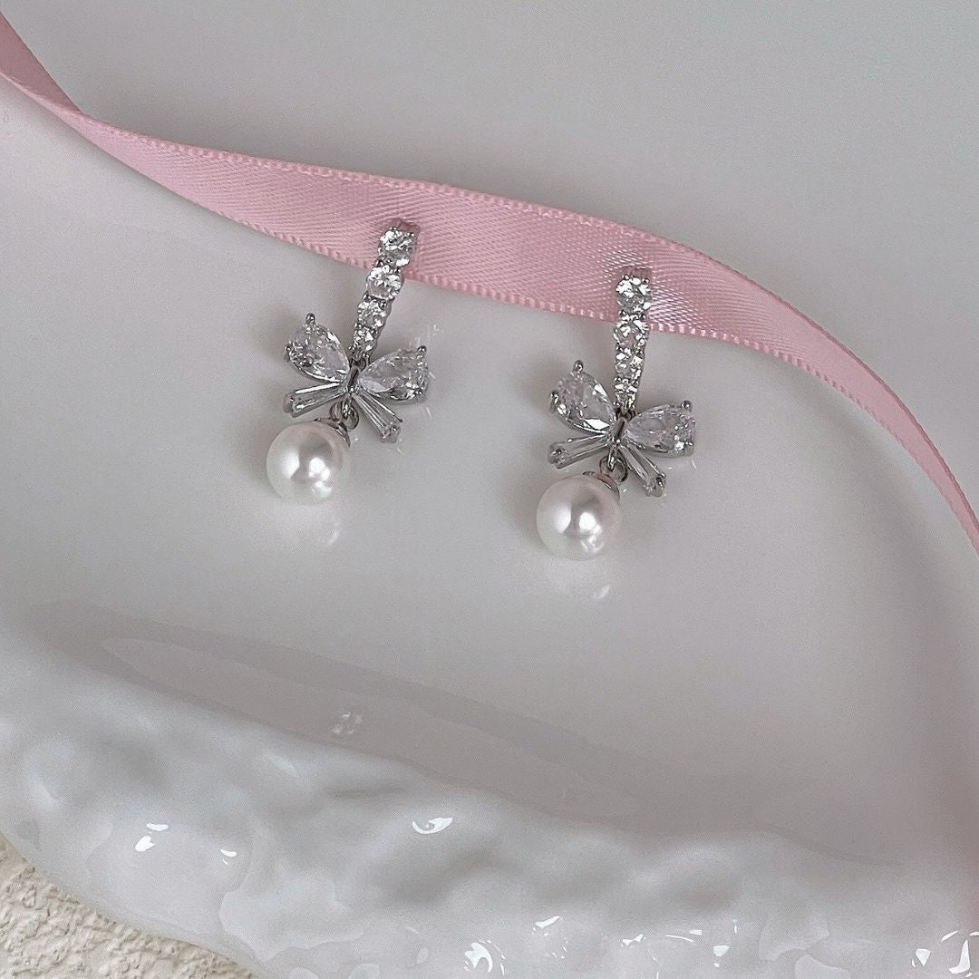 Dainty Petite Diamond Bow Earrings with Pearl 