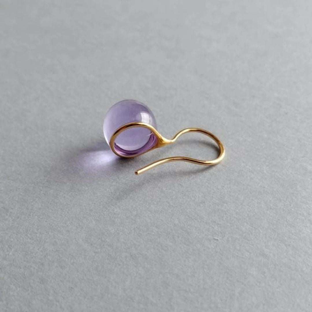 Japanese glass artist Handcrafted round glass drop earrings in lavender color made with 23K gold vermeil.