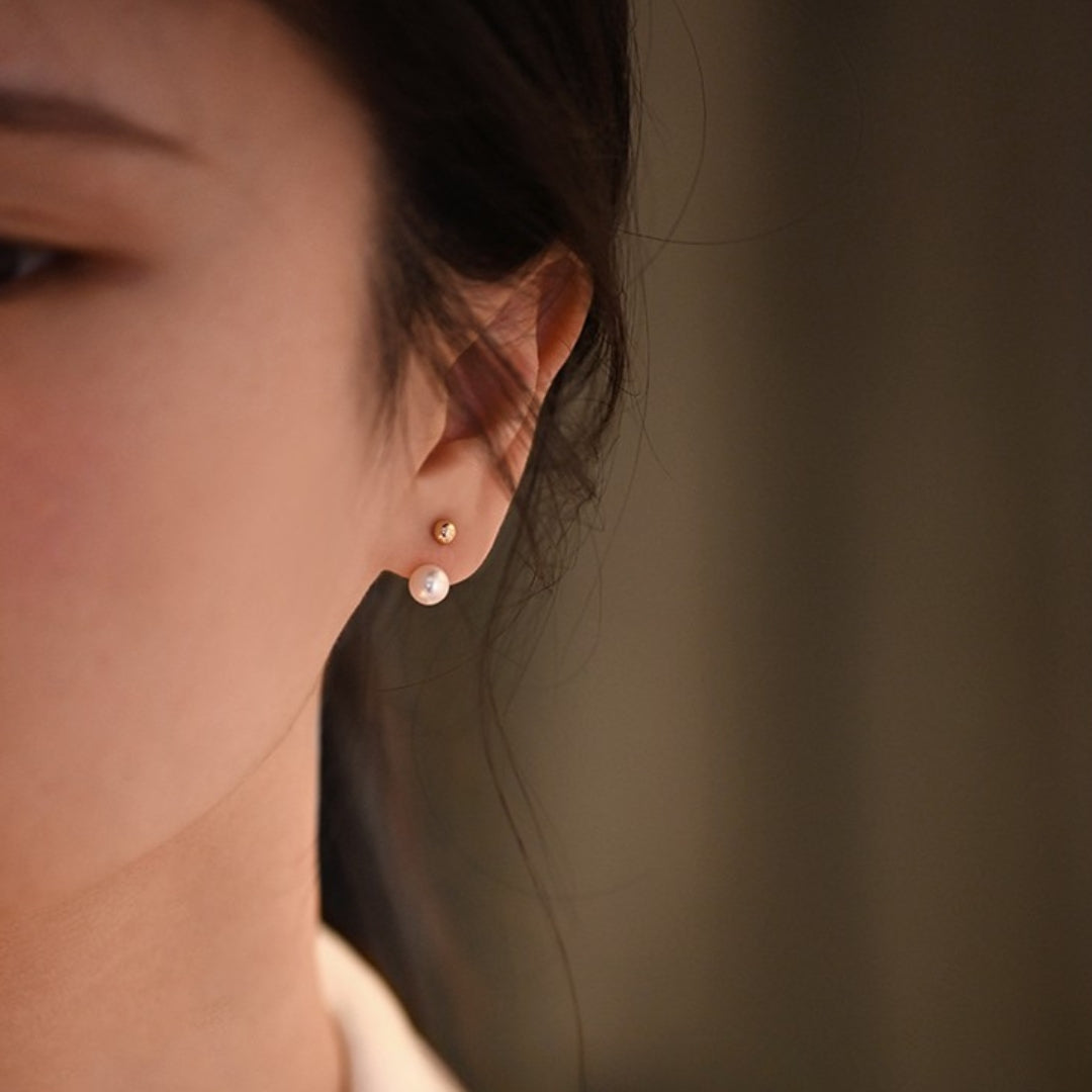 minimal gold and pearl stud earrings on 925 silver base, elegant design