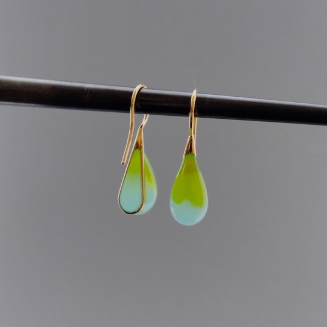 Hand made Glass Teardrop 23K Gold Vermeil Earrings Apple Green