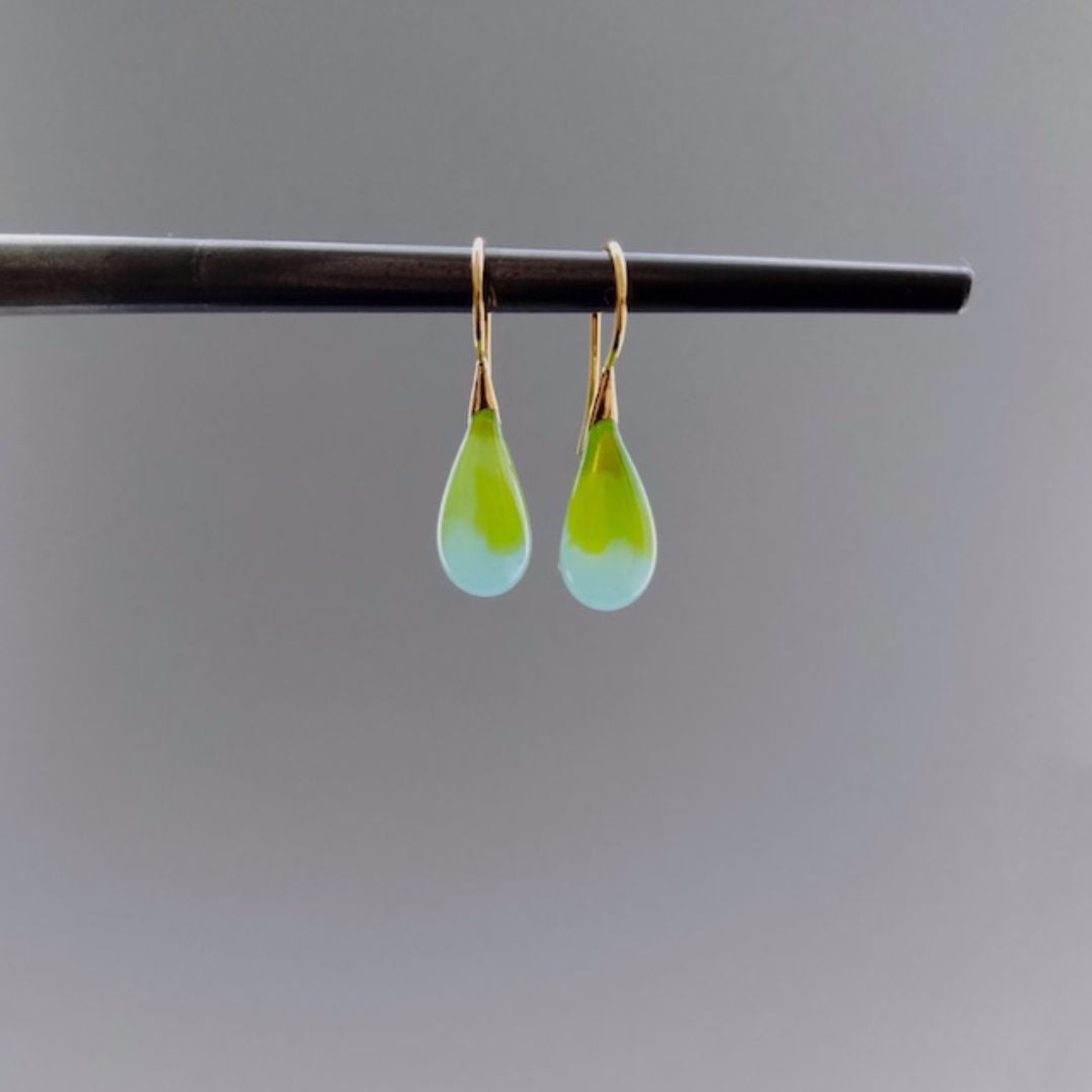 Hand made Glass Teardrop 23K Gold Vermeil Earrings Apple Green