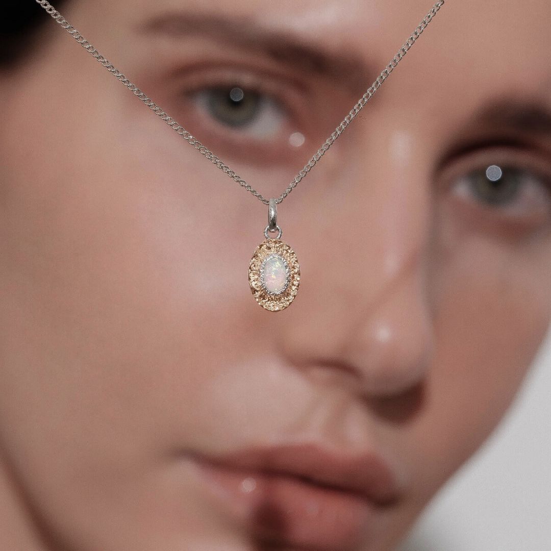 Vintage opal pendant necklace, Rococo-inspired necklace, Oval opal necklace, Rococo jewelry, Timeless opal pendant, Opal and gold necklace, Matching opal jewelry set, Opal gemstone pendant, Elegant opal jewelry.