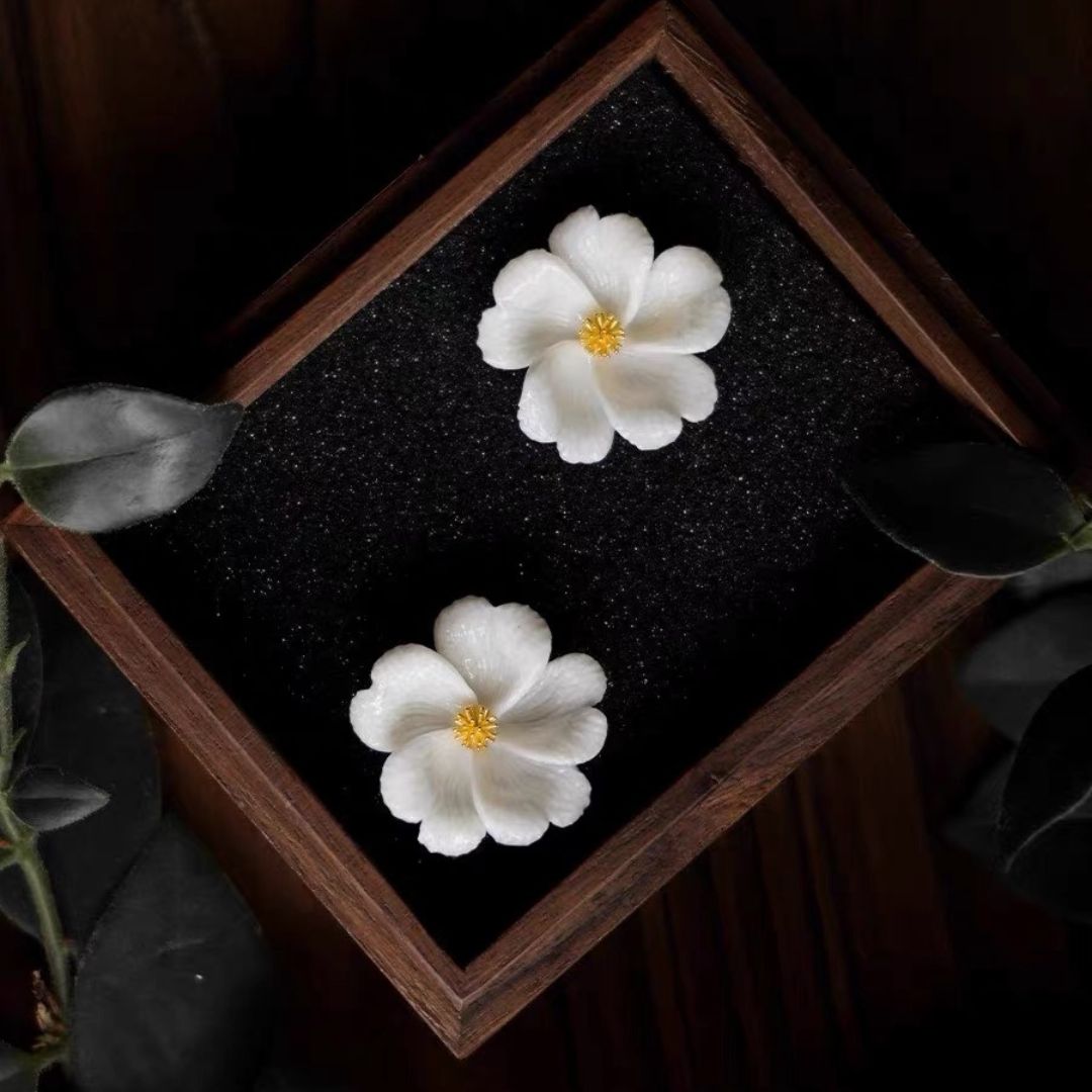 Handcrafted white Porcelain Floral Bridal statement earrings.