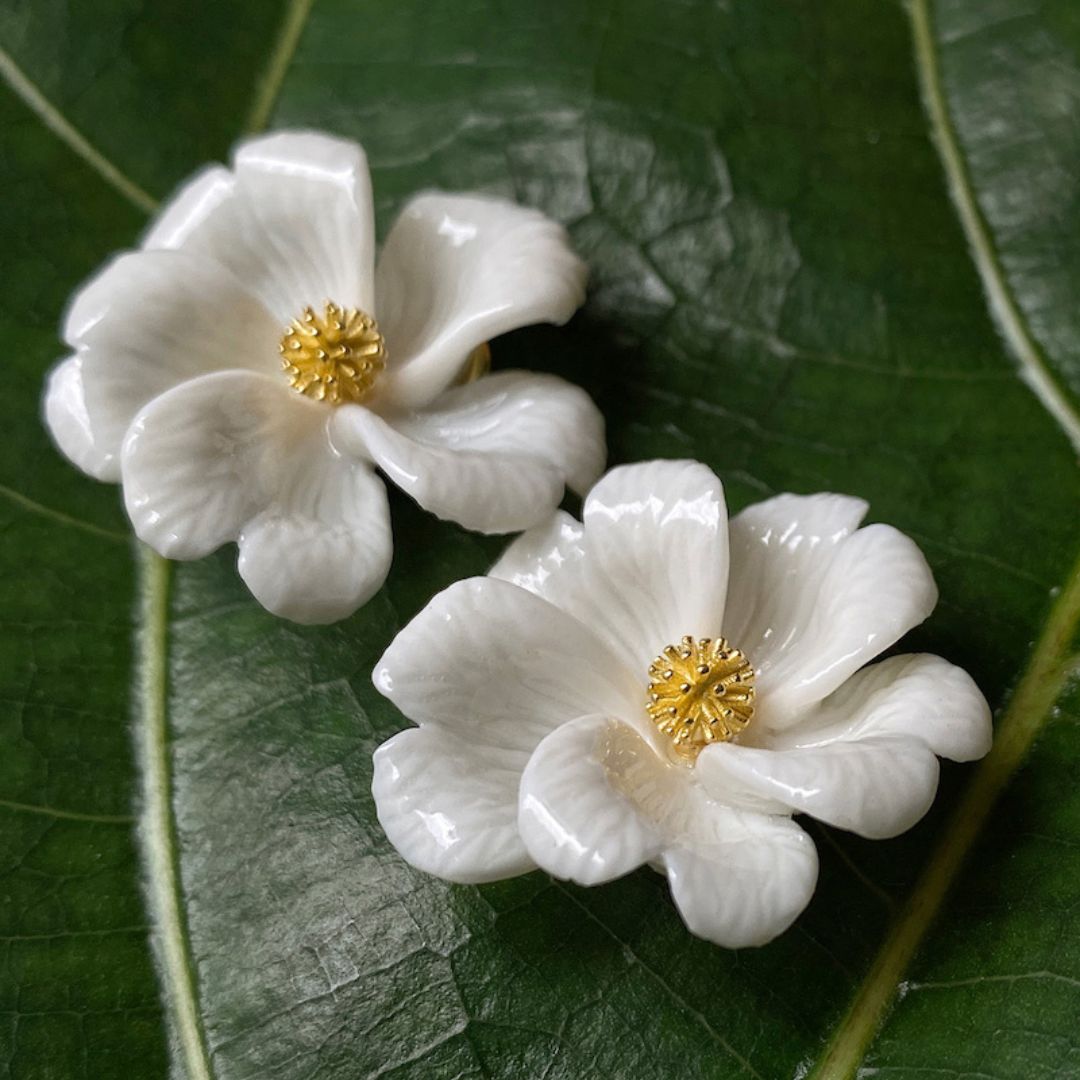 Handcrafted white Porcelain Floral Bridal statement earrings.