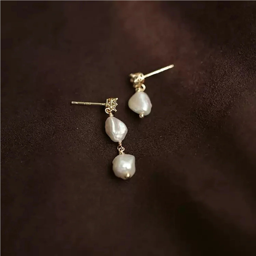 Vintage baroque freshwater pearl earrings featuring S925 silver needles and 14K gold crown setting with zircon - close-up-2