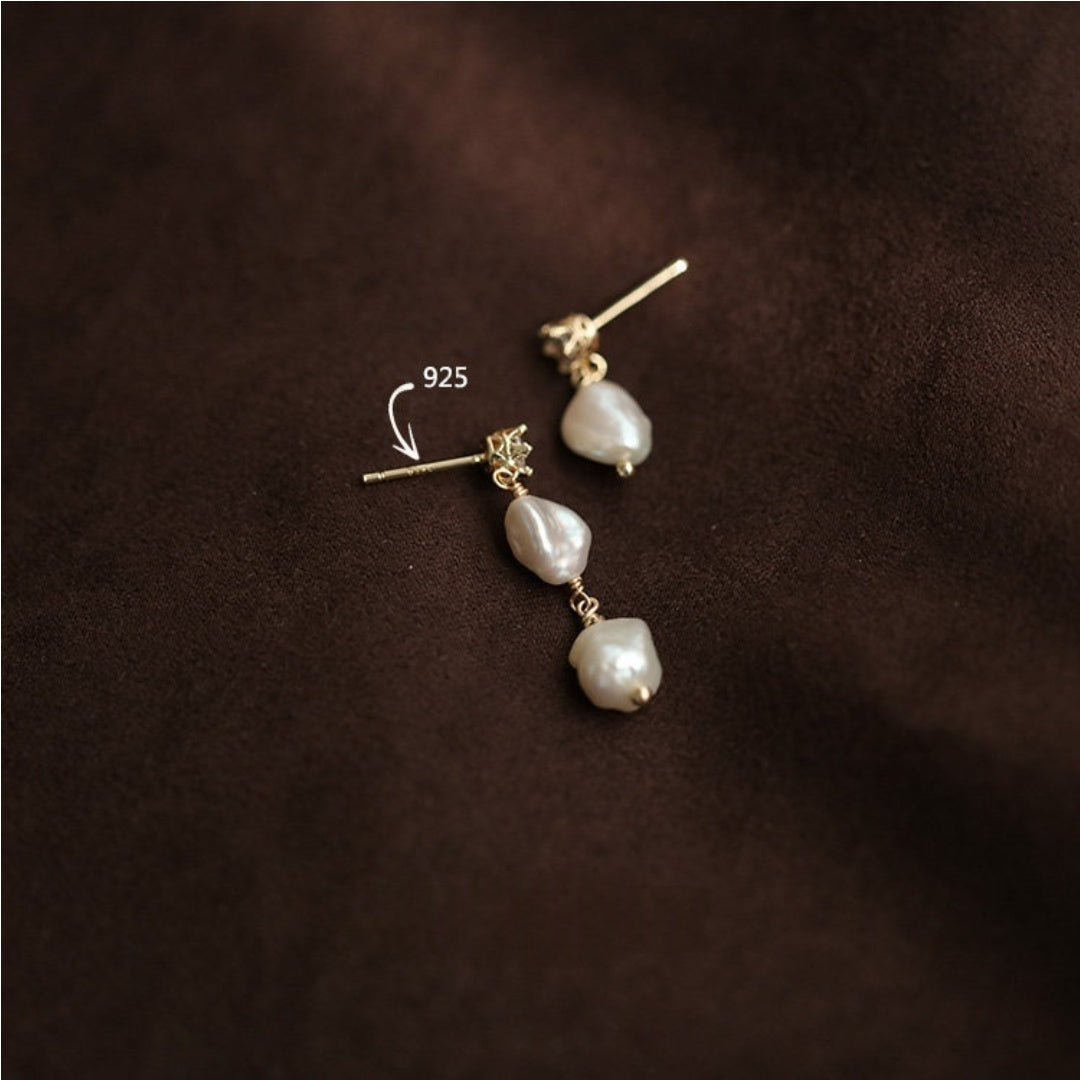 Vintage baroque freshwater pearl earrings featuring S925 silver needles and 14K gold crown setting with zircon - close-up-3