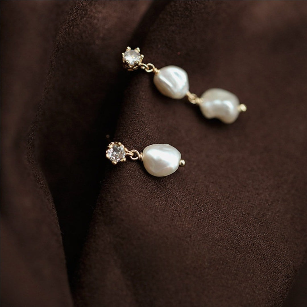 Vintage baroque freshwater pearl earrings featuring S925 silver needles and 14K gold crown setting with zircon - close-up-5