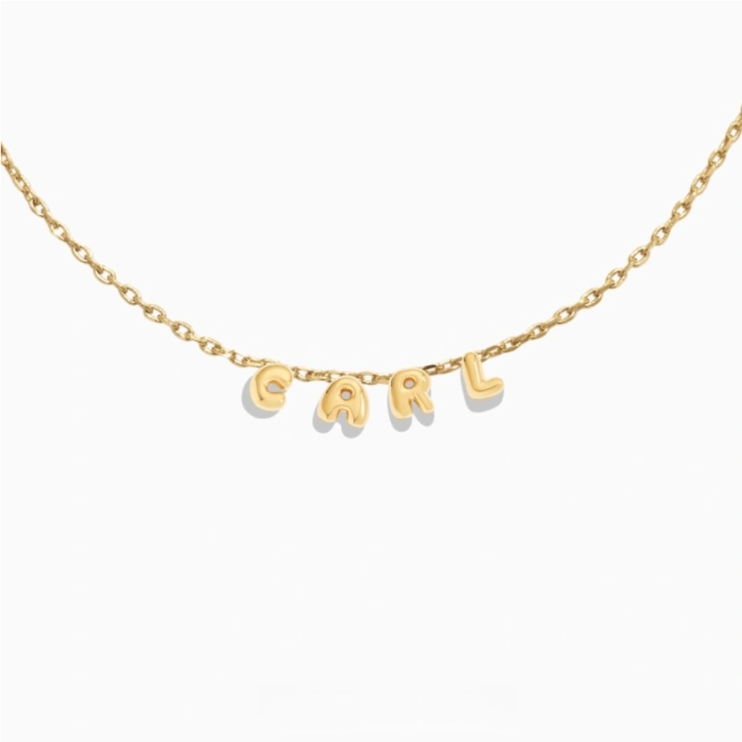 Customized mini 3D bubble letter necklace spelling CARL, personalized puffed name jewelry. 4