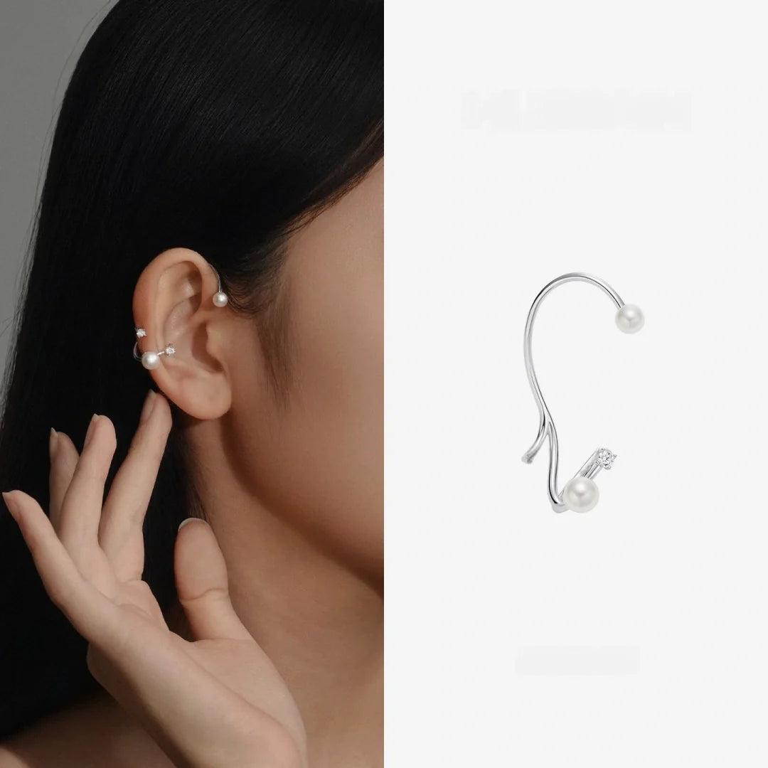 Illusion ear hook minimalist S925 silver and natural pearl crawler showcasing the asymmetric ear contour design - model-look-3