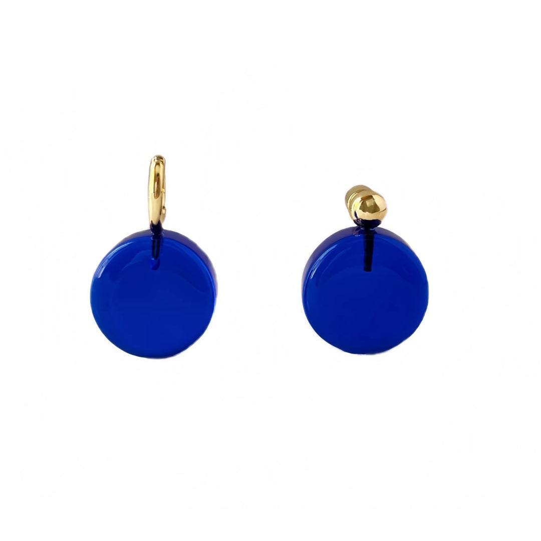 Side view of translucent royal blue glass earrings showing the 18K gold-plated hardware.