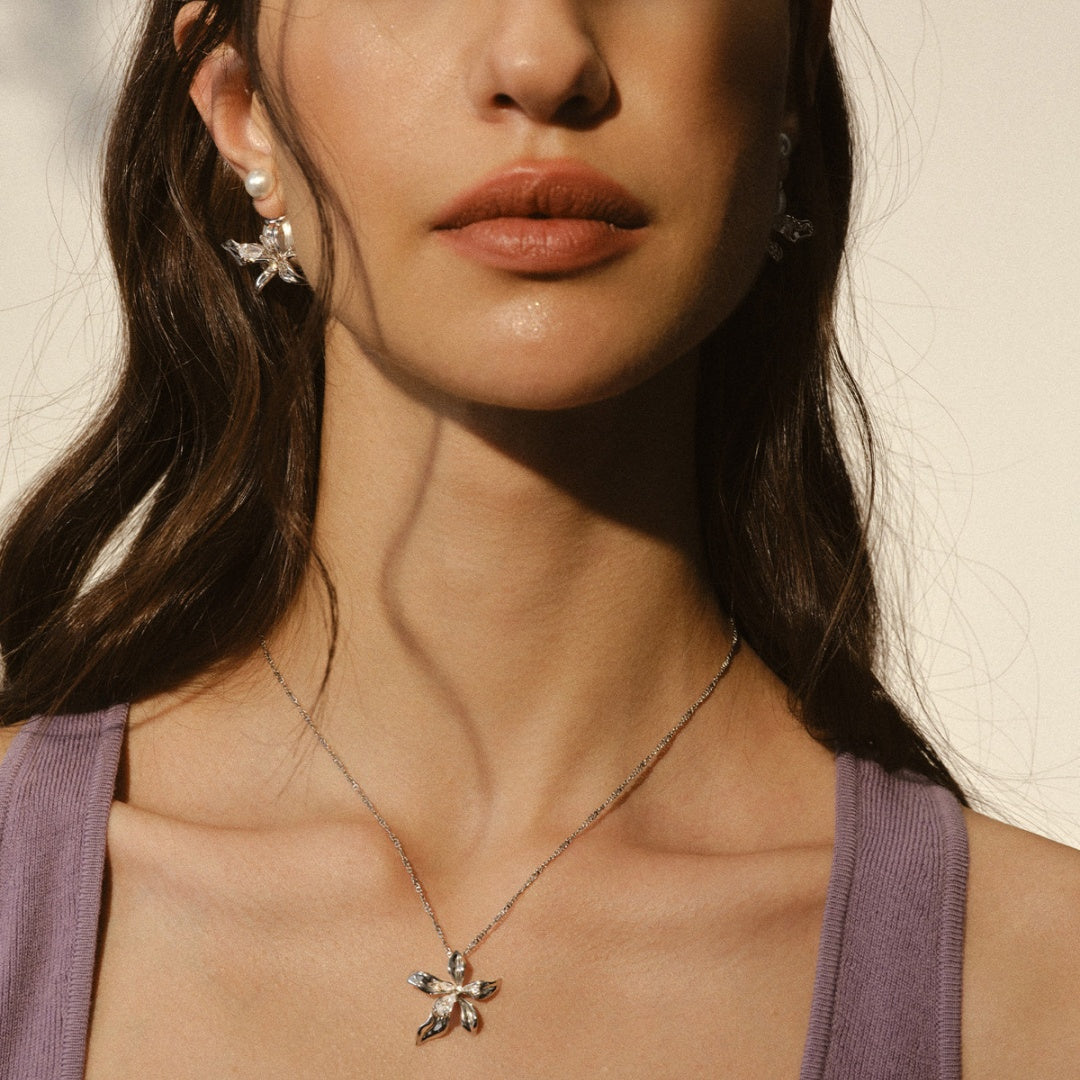 Lily flower pendant aesthetic white gold plated necklace for romantic styling - model-look-2