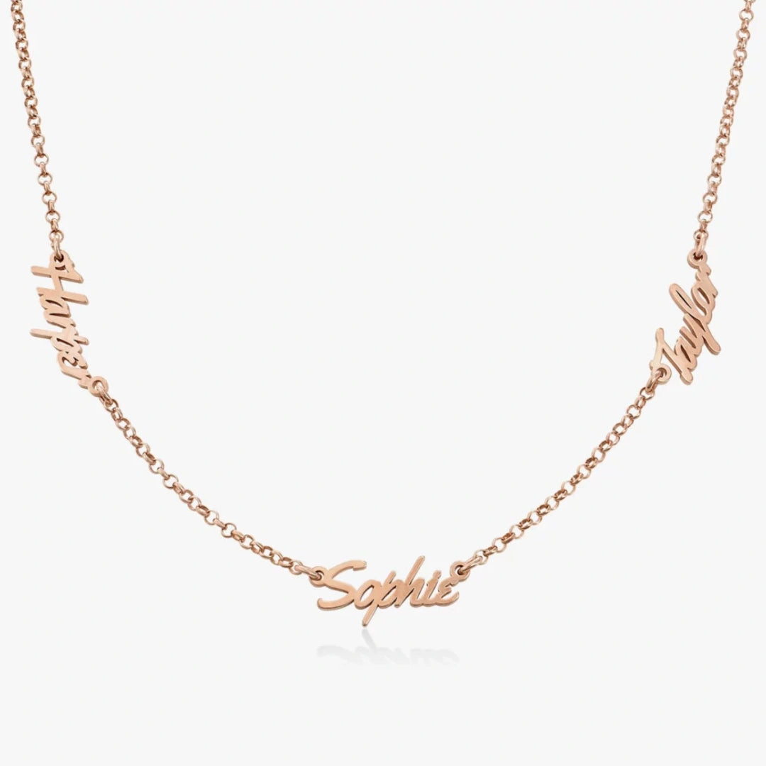 Custom name necklace in rose gold plating, 925 sterling silver personalized script jewelry on white background. 2