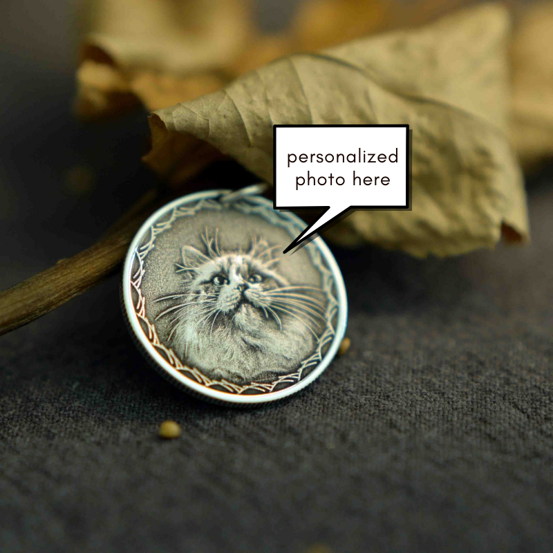 This vintage looking coin pendant necklace can be personalized with your photo, your cat or your dog photo portrait, made of solid silver.