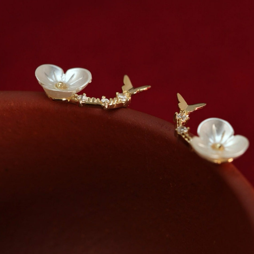 Plum Blossom Ear Climbers Elegant S925 Sterling Silver Gold Plated for Daily Wear - Close-up-4