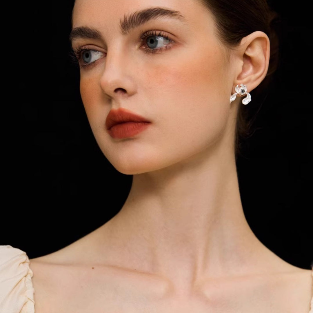 Sculptural Iris Drop Earrings Elegant 925 Sterling Silver Evening Wear Style - Silver Model Portrait