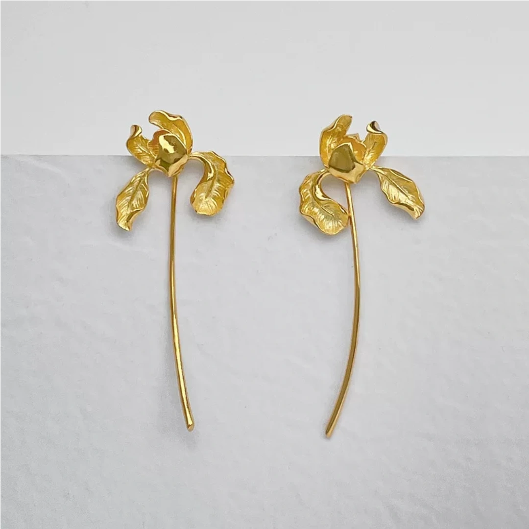 Sculptural Iris Drop Earrings Minimalist 18K Gold Plated Studio Flat Lay - Gold Product View