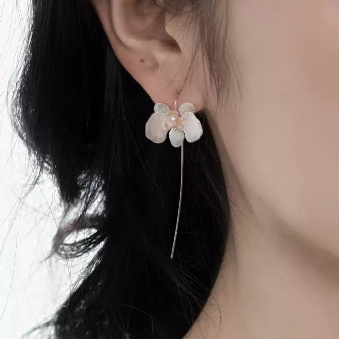 Sculptural Orchid Wire Drop Exquisite Matte S925 Silver Freshwater Pearl Earrings detail of pearl setting and matte finish - close-up-1