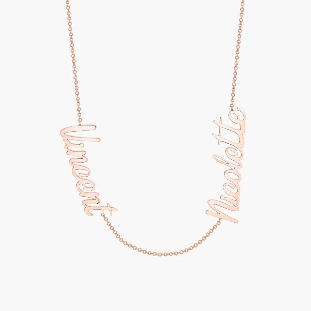 Custom name necklace in rose gold plating, 925 sterling silver personalized script jewelry on white background. 3