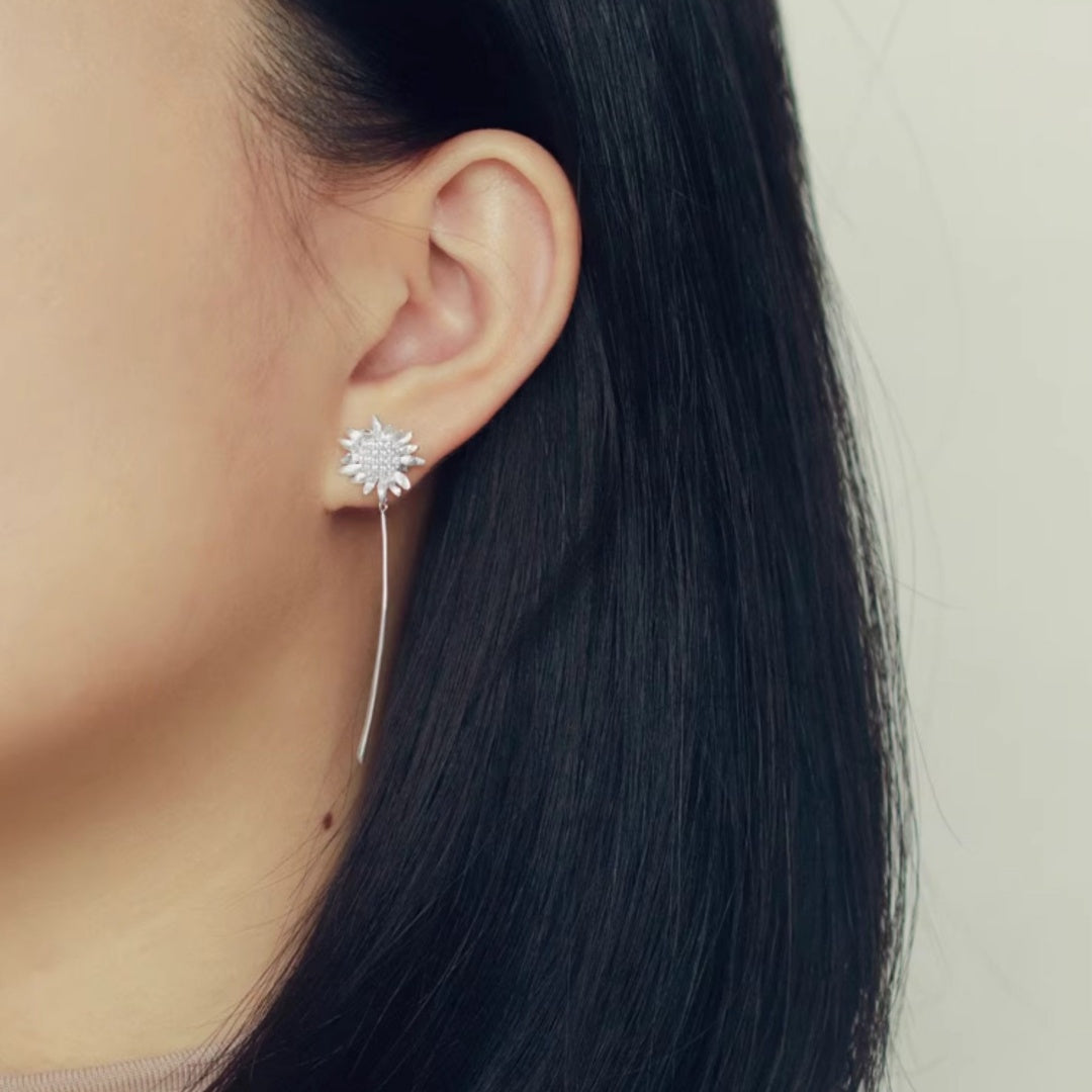 Sunflower Threader Earrings Dainty S925 Sterling Silver Model Look - model-look