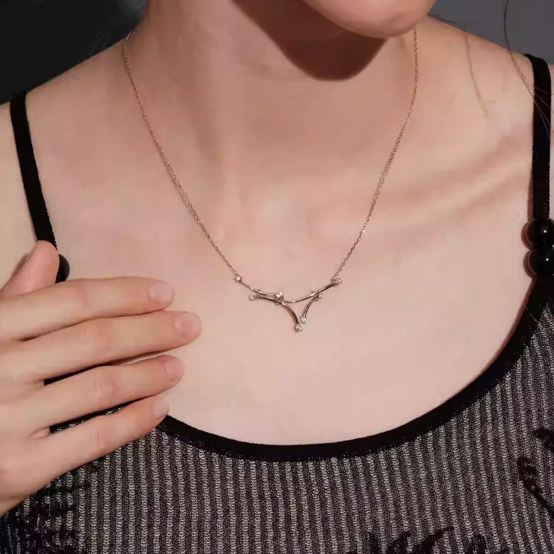 Close-up of a V-shaped vine bridal necklace made of S925 sterling silver with sparkling cubic zirconia, perfect for collarbone accentuation. 2